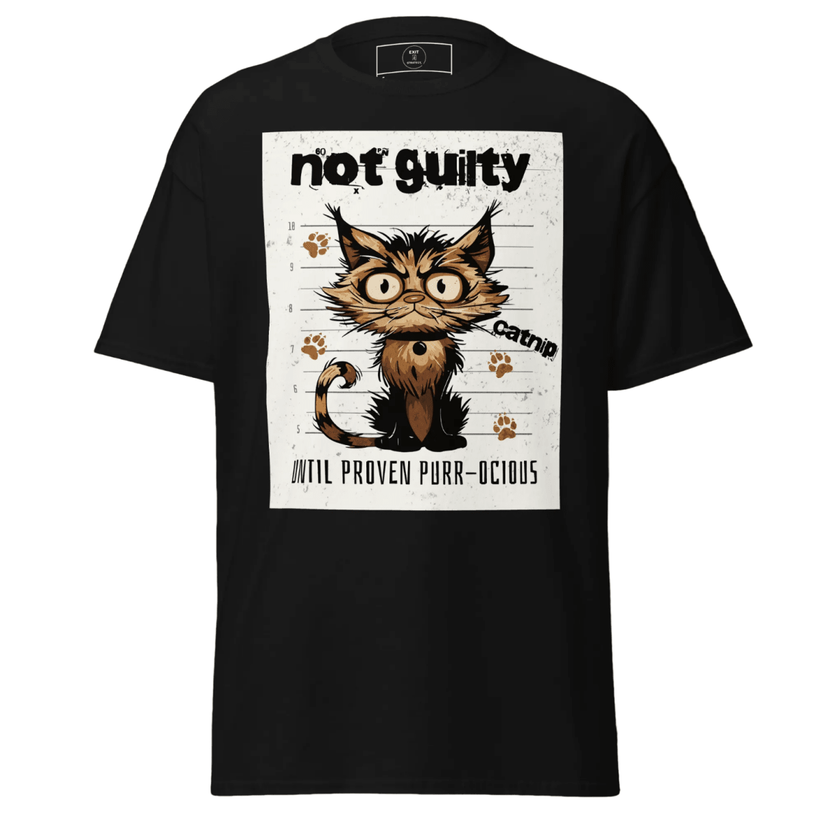 The "Not Guilty" Scruffy Cat Mugshot Tee - Exit Strategy The "Not Guilty" Scruffy Cat Mugshot Tee