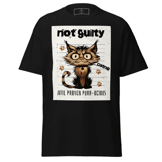 The "Not Guilty" Scruffy Cat Mugshot Tee - Exit Strategy The "Not Guilty" Scruffy Cat Mugshot Tee