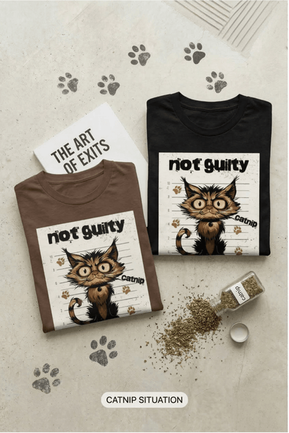 The "Not Guilty" Scruffy Cat Mugshot Tee - Exit Strategy The "Not Guilty" Scruffy Cat Mugshot Tee